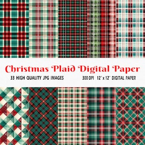 Seamless Christmas Plaid Digital Paper , 33 High Quality (300 DPI) JPG Images, Winter Buffalo Plaid Seamless Pattern, Christmas Clip Art