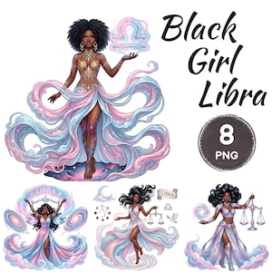 May include: A digital illustration set featuring four depictions of a Black woman representing the Libra zodiac sign. The figures wear flowing pink and blue gowns with celestial patterns, holding scales or zodiac symbols, surrounded by cosmic clouds.