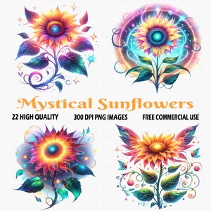 Mystical Sunflowers, 22 HQ (300 DPI) Images, Sunflowers Bundle Png, Watercolor Sunflowers Clipart Png, Colorful Sunflowers Clipart