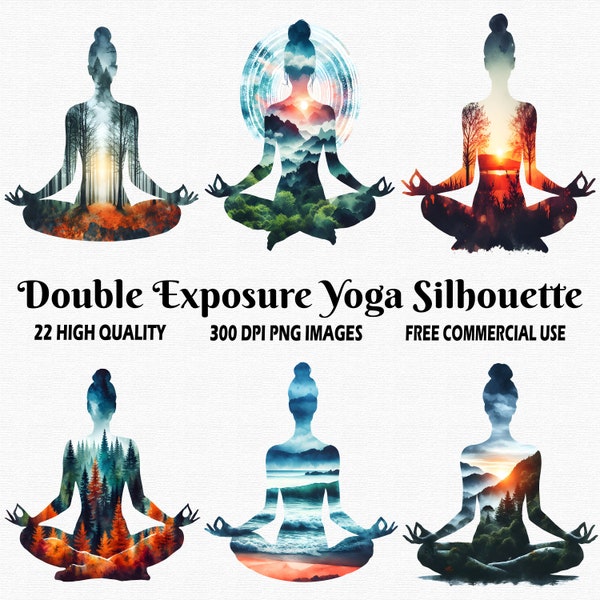 Watercolor Double Exposure Yoga Silhouette Clipart, 22 (300 DPI) Transparent Images, Yoga Silhouette Clipart PNG, Nature Silhouette Clipart