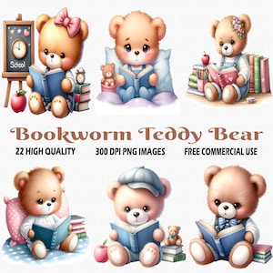 Bücherwurm Teddybär, 22 QUARZ (300 DPI) Png-Bilder, Aquarell süßer Teddybär Clipart, Aquarell Booklover Clipart, Lesebücher Clipart