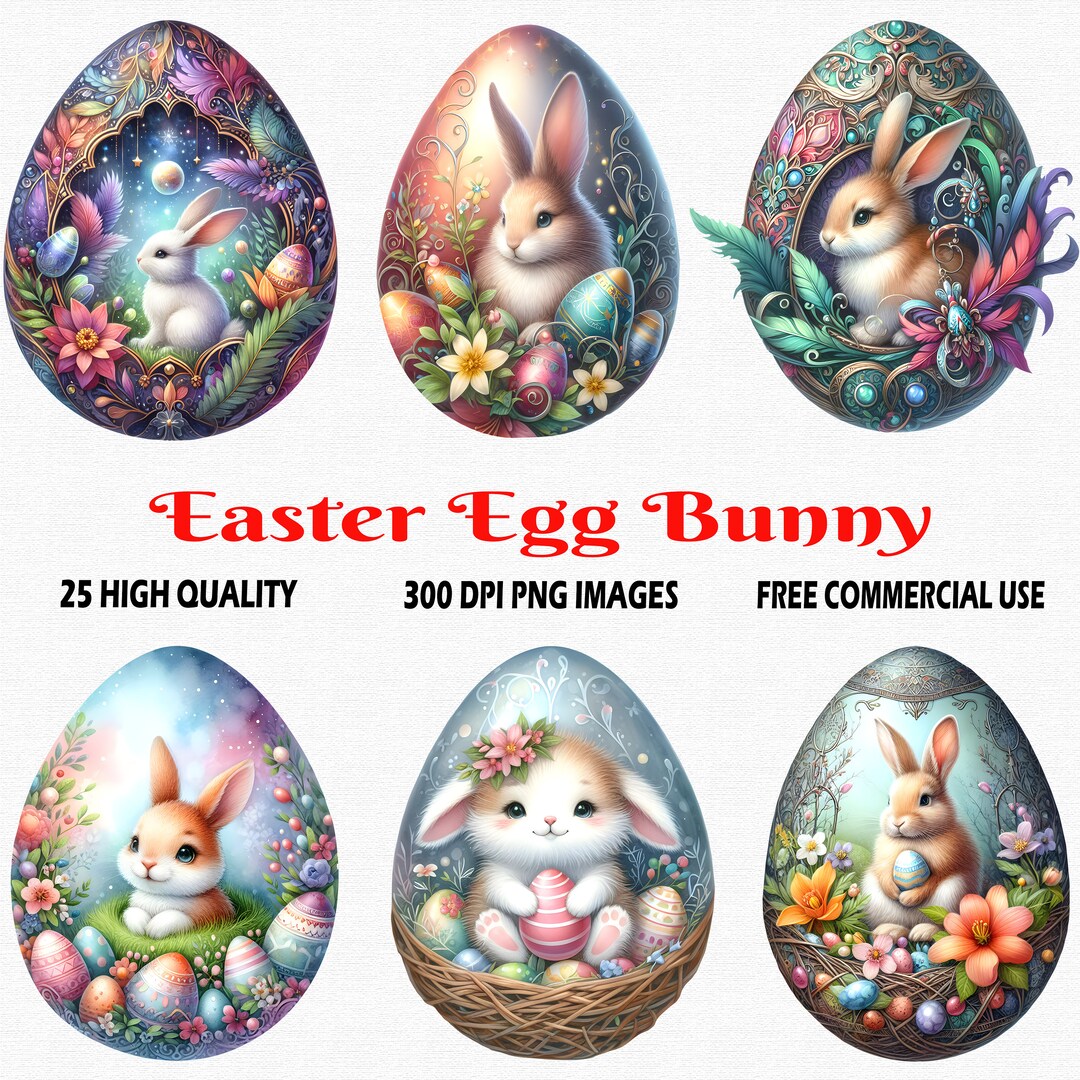 Watercolor Easter Egg Bunny Clipart, 25 (300 DPI) PNG Transparent ...