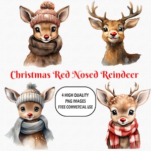 Aquarel Kerst Baby Red Nosed Rendier Clipart, 4 (300 DPI) PNG transparante achtergrondafbeeldingen, Leuke Kerst Rudolph Rendier Clipart