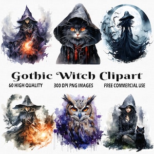 Watercolor Gothic Witch Clipart, 60 (300 DPI) Transparent Images, Dark Witch Clipart, Fantasy Witch Clipart, Mystical Gothic Witch Clipart