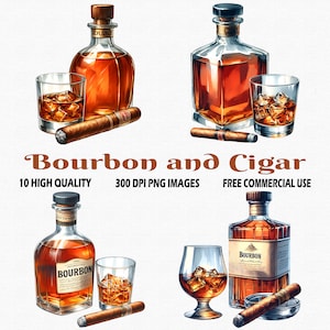 Aquarel Bourbon en sigaar clipart, 10 HQ (300 DPI) PNG-afbeeldingen, whisky en sigaar clipart PNG, sigaar lounge clipart, gentleman clipart