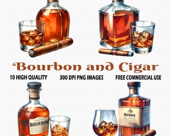 Watercolor Bourbon and Cigar Clipart, 10 HQ (300 DPI) Png Images, Whiskey and Cigar Clipart Png,  Cigar Lounge Clipart, Gentleman Clipart