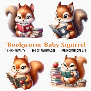 Rat de bibliothèque bébé écureuil, 16 (300 ppp) Images Png, aquarelle mignon bébé écureuil Clipart, clipart aquarelle booklover, lecture de livres des cliparts