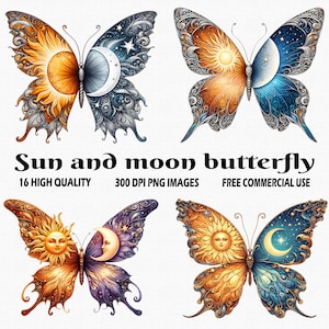 Sonne und Mond Schmetterling, 16 PNG-Bilder, Sublimation Schmetterling Clipart, Sonne Schmetterling Clipart, Mond Schmetterling png, Aquarell Schmetterling Clipart
