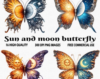 Sun and moon butterfly,16 PNG Images, Sublimation butterfly clipart, Sun butterfly clipart, Moon butterfly png, Watercolor butterfly clipart