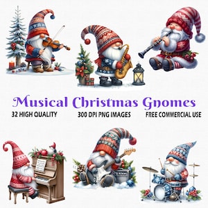 Aquarel muzikale kerstkabouter clipart, 32 (300 DPI) transparante PNG-afbeeldingen, leuke kerstkaboutermuzikanten, muziekinstrumenten clipart