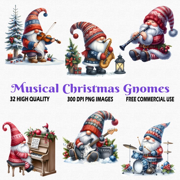 Watercolor Musical Christmas Gnome Clipart, 32 (300 DPI) PNG Transparent Images, Cute Christmas Gnome Musicians, Musical Instruments Clipart