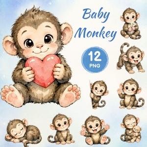 May include: Watercolor illustration of a baby monkey holding a pink heart, surrounded by other baby monkey illustrations. The text "Baby Monkey" is written in blue script. A blue circle with the number "12" and "PNG" is also present.