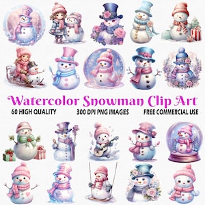 Watercolor Christmas Snowman Clipart,60 (300 DPI) Transparent Images, Kawaii Cartoon Snowmen, Fantasy Pastel Snowman Clipart, Floral Snowman