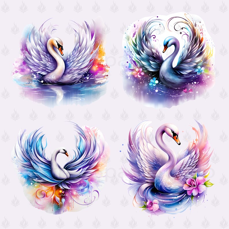 Watercolor Whimsical Swan Clipart, 9 (300 DPI) PNG Transparent Images ...