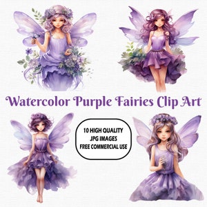 Watercolor Purple Fairies Clip Art, 10 High Quality (300 DPI) JPG Images With Solid Background, Instant Digital Download