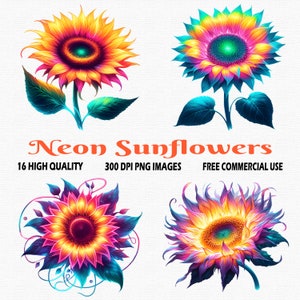 Neon Sunflowers, 16 (300 DPI) Images, Sunflowers Bundle Png, Watercolor Sunflowers Clipart, Colorful Sunflowers Clipart, Mystical Sunflower