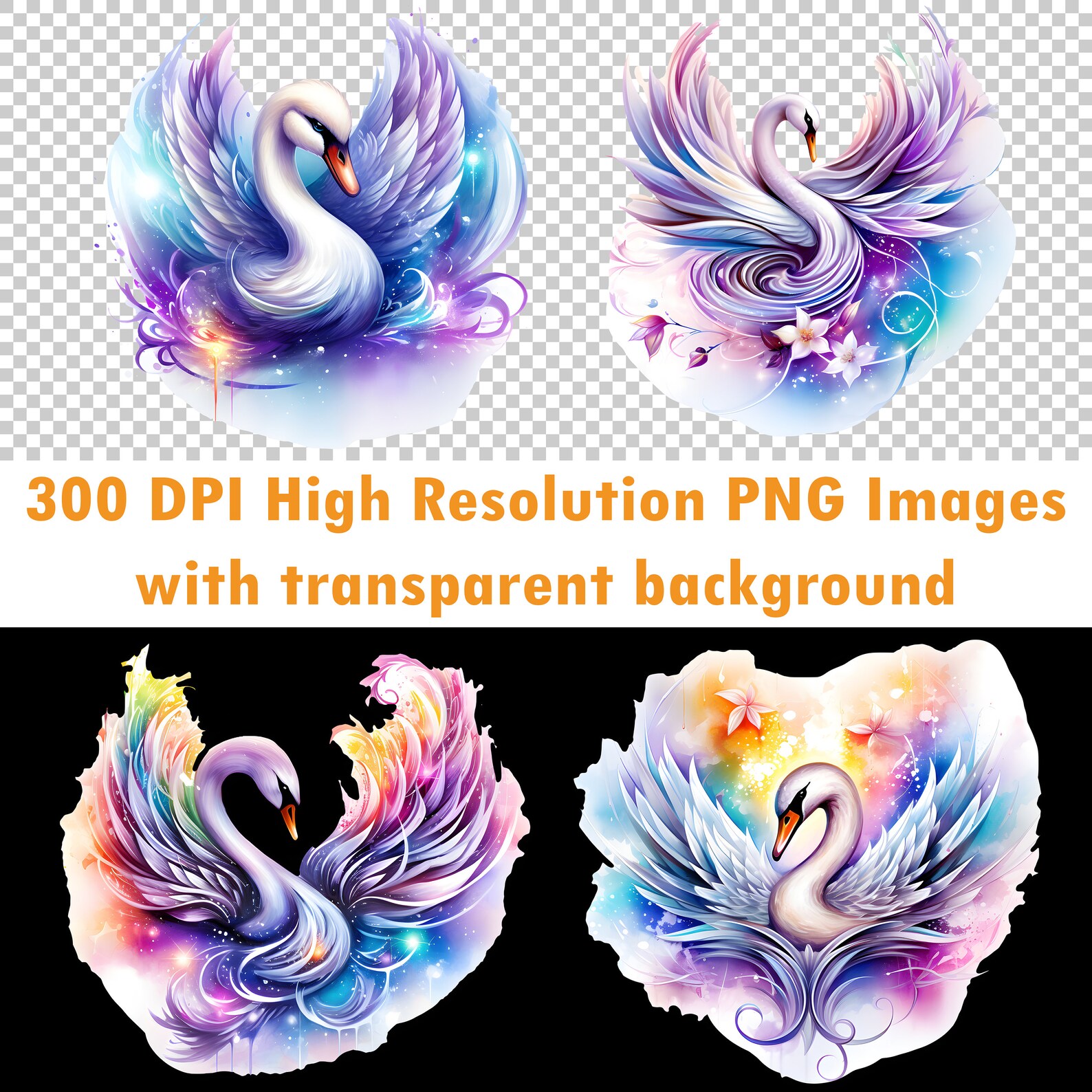 Watercolor Whimsical Swan Clipart, 9 300 DPI PNG Transparent Images ...