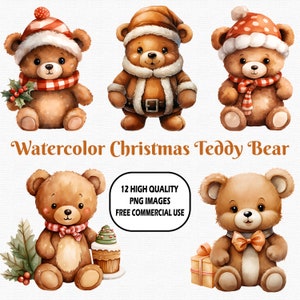 Ours en peluche de Noël aquarelle, 12 images PNG de haute qualité (300 ppp) avec fond transparent, téléchargement immédiat