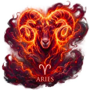 May include: A digital illustration of a ram head surrounded by swirling red, orange, and yellow flames. Below the ram, the Aries zodiac symbol is displayed in white, followed by the text ARIES in a clean, capitalized white font.