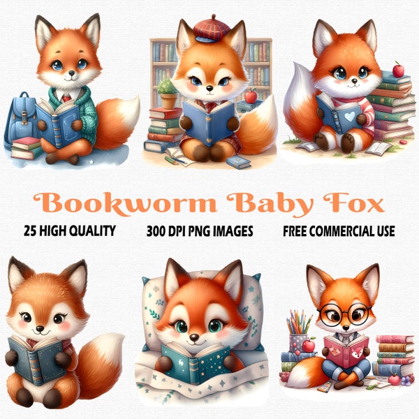 Bookworm Baby Fox, 25 HQ (300 DPI) Png Images, Watercolor Cute Baby Fox Clipart, Watercolor Booklover Clipart, Baby Fox Clipart Png