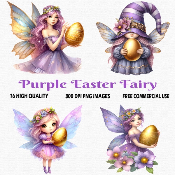 Watercolor Cute Purple Easter Fairy Clipart, 16 (300 DPI) PNG Transparent Images, Sublimation Easter Fairy PNG, Golden Easter Egg Clipart