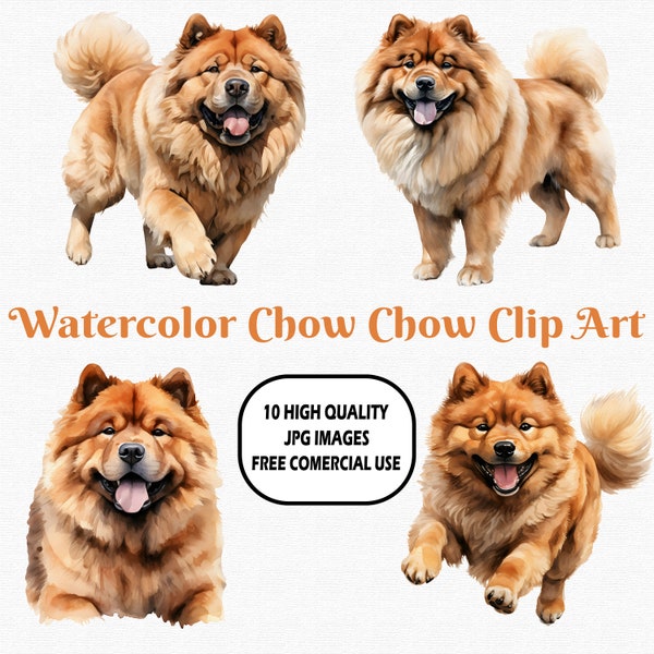 Watercolor Chow Chow Clip Art, 10 High Quality (300 DPI) JPG Images With Solid Background, Instant Digital Download