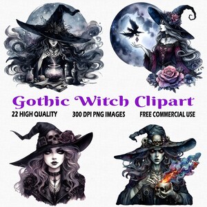 Watercolor Gothic Witch Clipart, 22 (300 DPI) Transparent Images, Dark Witch Clipart, Fantasy Witch Clipart, Mystical Gothic Witch Clipart