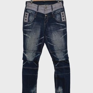 Vintage PPFM Patchwork Denim Pants – Distressed Biker Jeans – Double Waist – Y2K Streetwear