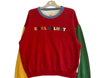 Sudadera vintage de Karl Helmut • Cuello redondo con bloques de color de los 90 • Jersey de estilo japonés • Top con logotipo retro multicolor