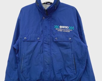 Chaqueta bomber Nissan Hiteq vintage, chaqueta de carreras corporativa azul, cortavientos retro para el trabajo, ropa de abrigo urbana de los 90.