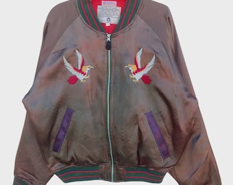 Chaqueta bomber Avirex Sukajan, chaqueta de recuerdo con águila bordada, chaqueta de vuelo de satén brillante marrón iridiscente, estilo japonés, ropa urbana, rara.