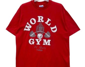 Camiseta vintage Hanes World Gym con estampado rojo / Camiseta de gimnasio de Ft Myers, Florida / Camiseta retro de fitness / Ropa urbana de culturismo