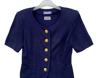 Top azul marino vintage de Yves Saint Laurent con botones / Cárdigan con botones dorados del escudo de YSL / Chaqueta tipo blazer de manga corta de diseñador de los años 90