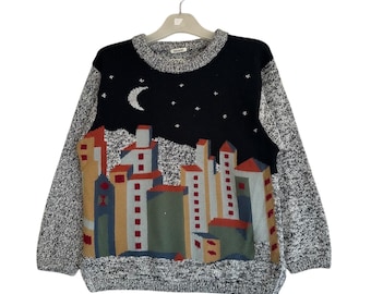 Jersey de punto con estampado urbano vintage • Jersey con gráfico de los 90