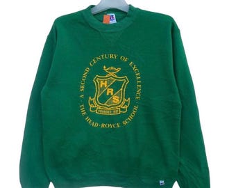 Sudadera vintage de Head-Royce School / Jersey verde con el escudo de la universidad / Jersey de cuello redondo Russell Athletic de los años 90