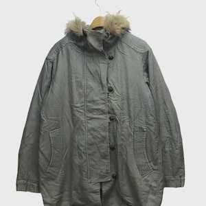 Archival Tsumori Chisato Issey Miyake grijze canvas mods jas, Japanse avant-garde parka bont met capuchon, militaire bovenkleding