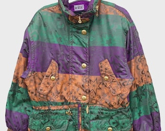 Chaqueta de esquí vintage para mujer Descente / Ropa deportiva de invierno con estampado abstracto de los años 90 / Chaqueta acolchada retro morada, verde y naranja / Equipamiento de esquí vintage