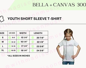 Bella Canvas 3001Y Size Charts, Bella Canvas Mock Up Youth Size Chart, Size Chart Bella 3001Y Mockup, Sizing Guide, Kids T-shirt Mockup