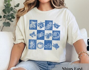 Blueberry shirt gift, Checker food graphic crewneck tee for girlfriend, blueberry garden foodie lover T-shirt present