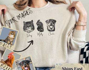 Personalized pet portrait sweatshirt gift, multiple custom pet face image and name sweater present, personalised Dog or Cat pet jumper