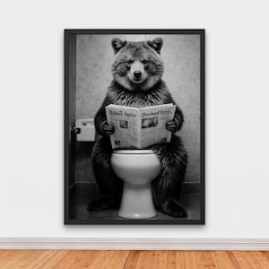 Funny Bear on Toilet Reading Newspaper, Black and White Humorous Bathroom Printable Decor, Home Printables, AI Digital Art
