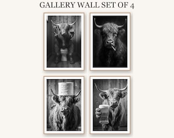 Funny Highland Cow Bathroom Decor Set of 4 | Moody Farmhouse Wall Art | Digital Download