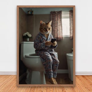 Adorable Cat in Pajamas Using Smartphone on Toilet, Funny Bathroom Wall Decor, Funny Animals Print, Home Printables, Funny Cat Print