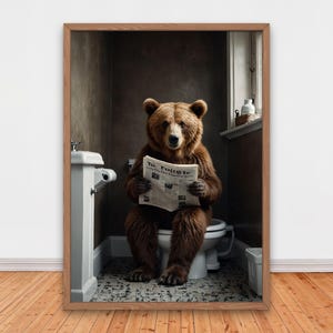 Funny Bear Reading Newspaper on Toilet, Funny Bathroom Wall Decor, Funny Animals Print, Home Printables, AI Digital Art