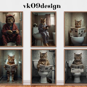 Funny Cats on Toilet Humor Wall Art, Bundle of 6, Funny Bathroom Wall Print, Animal Humor Prints, Home Printable, Adorable Cat Print