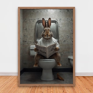Funny Bunny Dressed in Shirt on Toilet Reading Newspaper, Funny Bathroom Wall Decor, Funny Animals Print, Home Printables, AI Digital Art