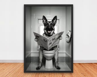 Funny German Shepherd Reading Newspaper on Toilet, Funny Bathroom Wall Decor, Funny Animals Print, Home Printables, Adorable Dog Printable
