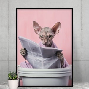 Adorable Sphynx sentado en el inodoro leyendo un periódico, decoración divertida de la pared del baño, impresión de animales divertidos, imprimibles para el hogar, arte digital con IA