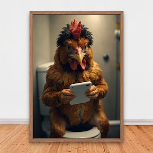 Funny Rooster with Phone on Toilet, Funny Bathroom Wall Decor, Funny Animals Print, Home Printables, AI Digital Art, Funny Chicken Print