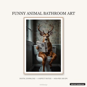 面白い鹿のトイレプリント｜ヴィンテージバスルームウォールアート｜折衷的な花柄インテリア